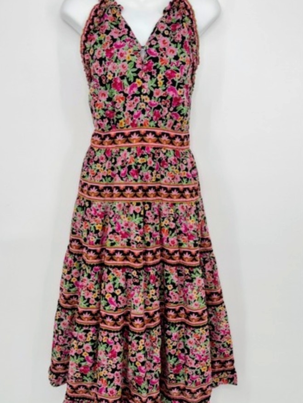 Hale Bob Floral Halter Midi Dress in Pink, Green and Black